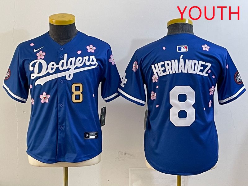 Youth Los Angeles Dodgers 8 Hernandez Blue Sakura Edition 2025 Nike MLB Jersey style 8